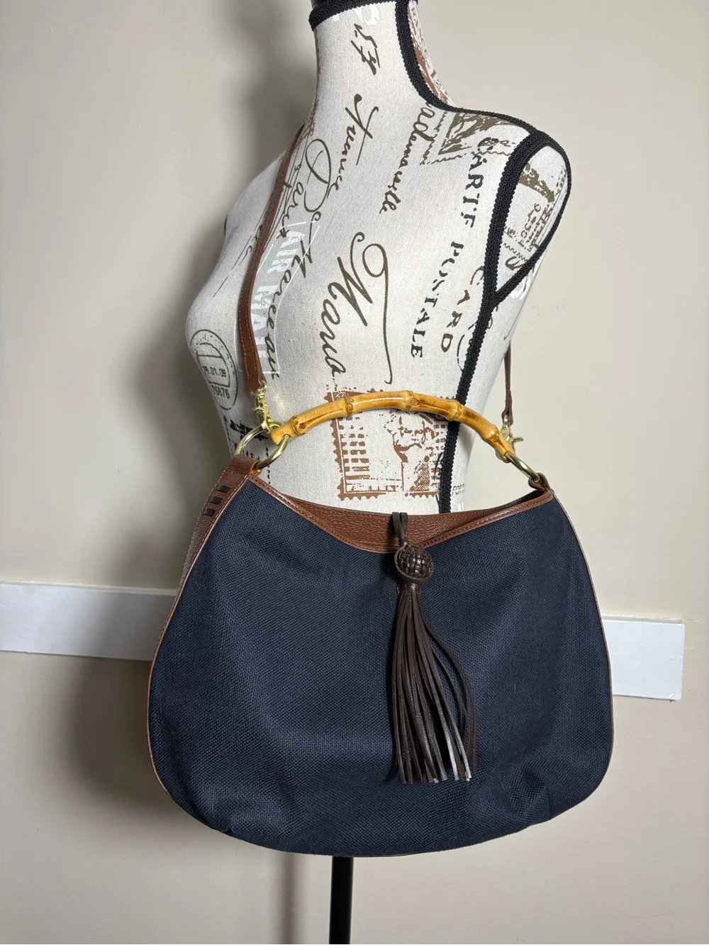 Tommy Bahama Navy Canvas Leather Bamboo Handle Hobo Shoulder Bag Tassel